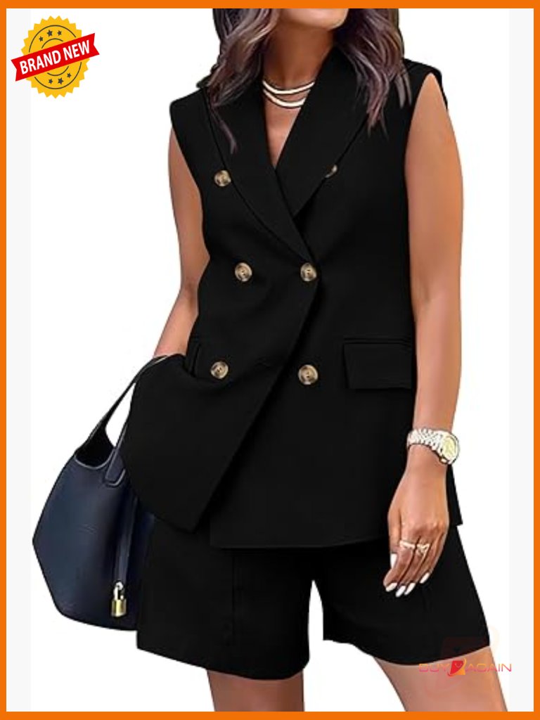 Sleeveless Vest And High Waist Shorts Two Piece Set, Summer Work Outfit,